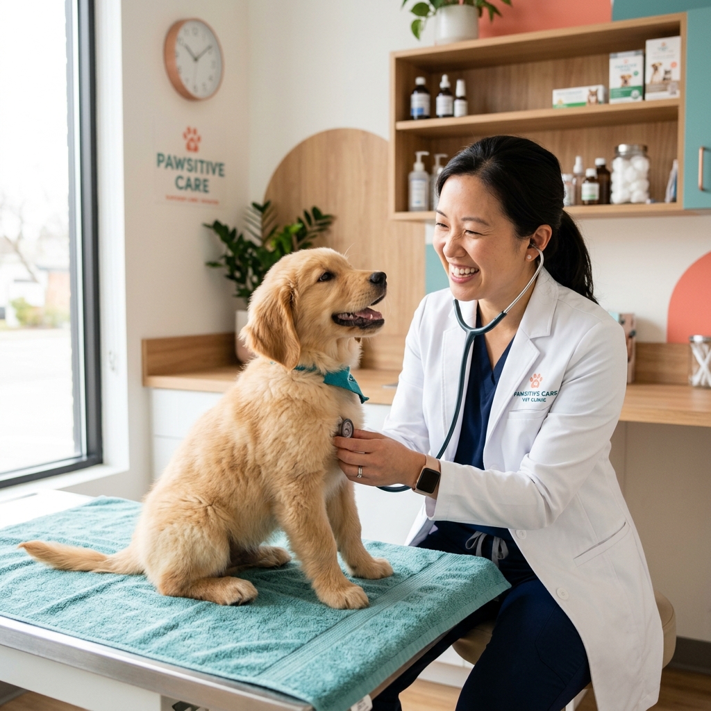 Bác sĩ thú y kiểm tra sức khỏe cho chó trong phòng khám